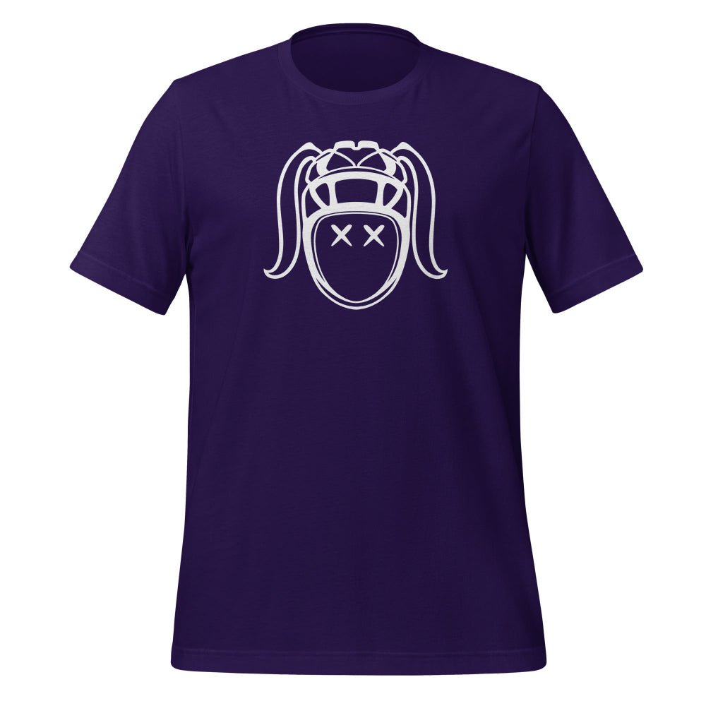 Purple women's rugby t-shirt with bold white Harlequin girl graphic, casual rugby apparel. - Rugby Girl
