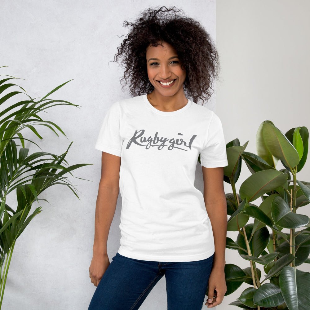White women's rugby t-shirt with bold "Rugby girl" script, casual fit, soft cotton blend. - Rugby Girl