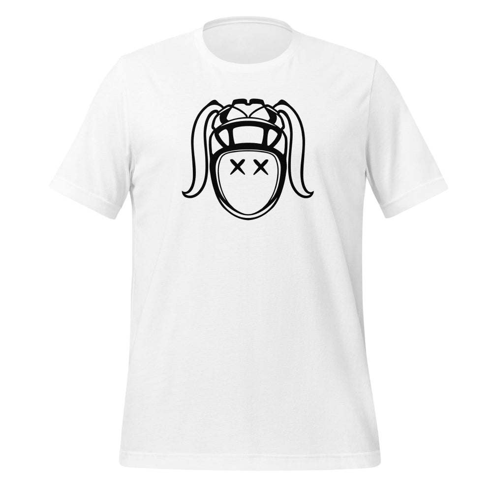 White women's rugby t-shirt with bold black line art of a rugby girl face and pigtails. - Rugby Girl