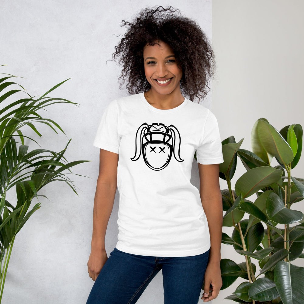 White women's rugby t-shirt with bold black harlequin rugby girl graphic, casual fit. - Rugby Girl