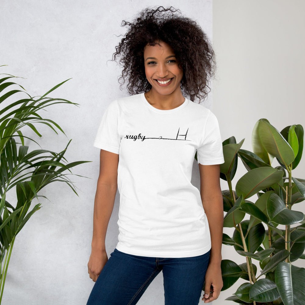 White women's rugby t-shirt featuring a minimalist rugby goalpost design, casual fit. - Rugby Girl