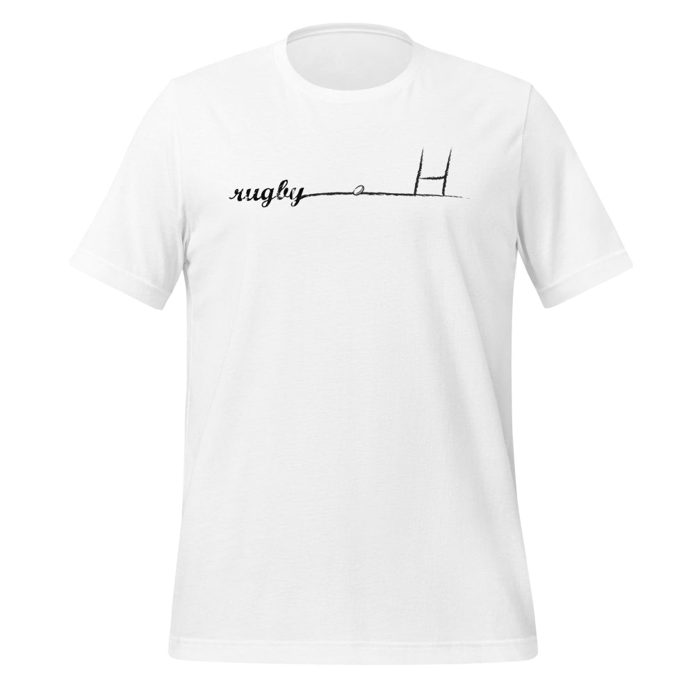 White women's rugby t-shirt with minimalist black rugby goalpost and script design, casual rugby apparel. - Rugby Girl