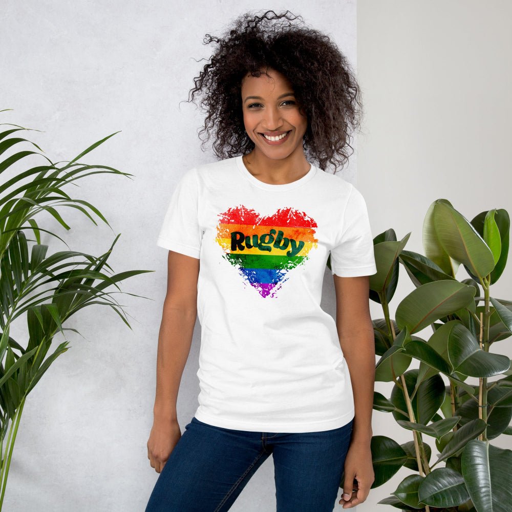 White women's rugby t-shirt with colorful rainbow heart and bold "Rugby" text, casual rugby apparel. - Rugby Girl