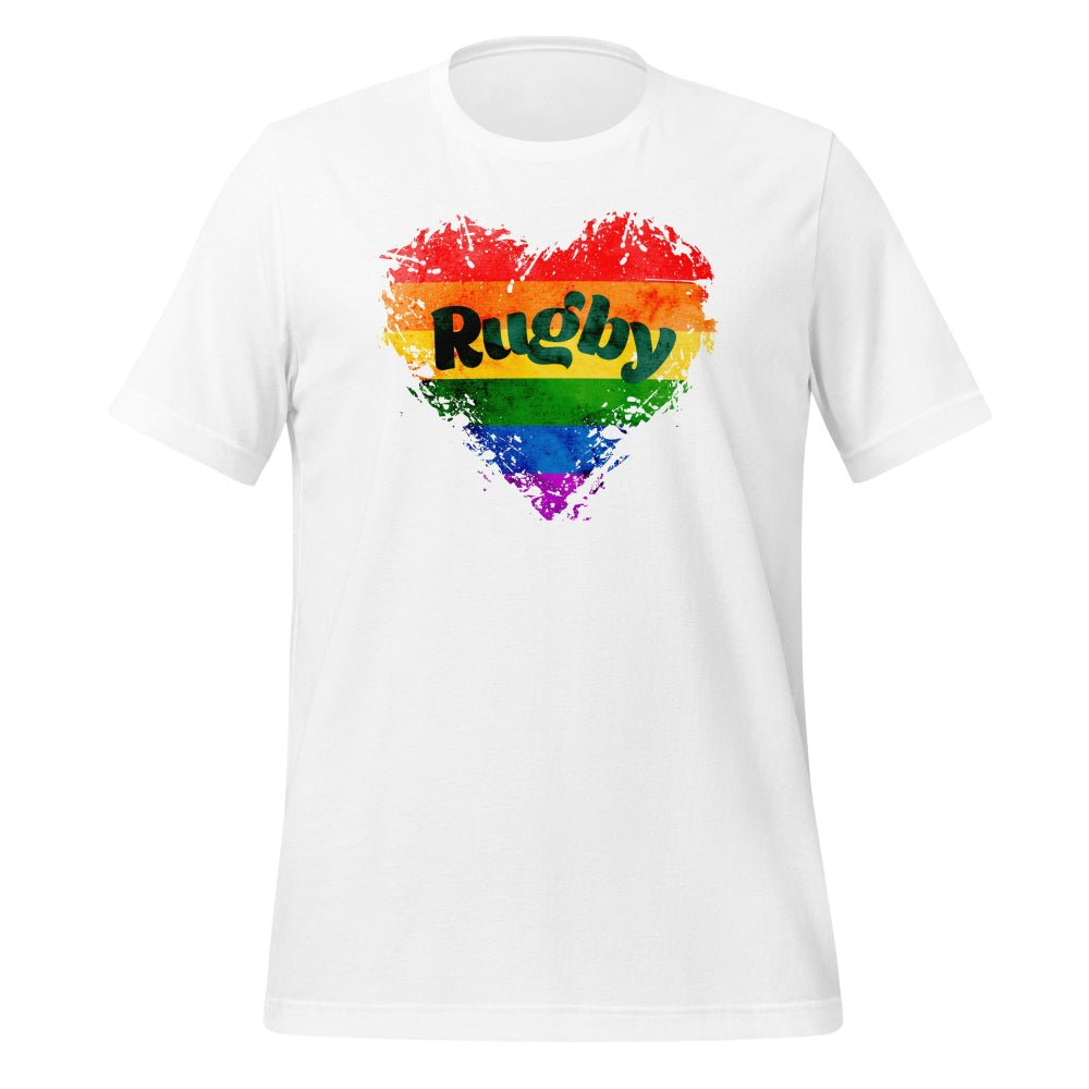 White women's rugby t-shirt with vibrant rainbow heart and "Rugby" text, casual rugby apparel. - Rugby Girl