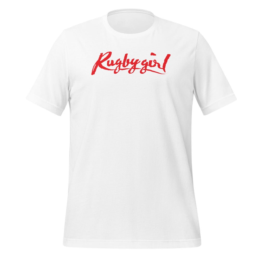 White women's rugby t-shirt with bold red "Rugby girl" script for rugby fans and players. - Rugby Girl