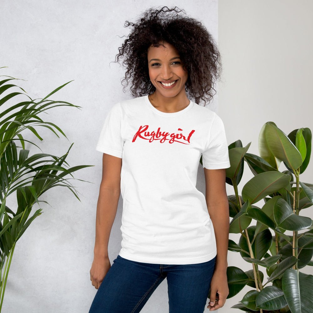 White women's rugby t-shirt with bold red "Rugby girl" script, casual fit. - Rugby Girl