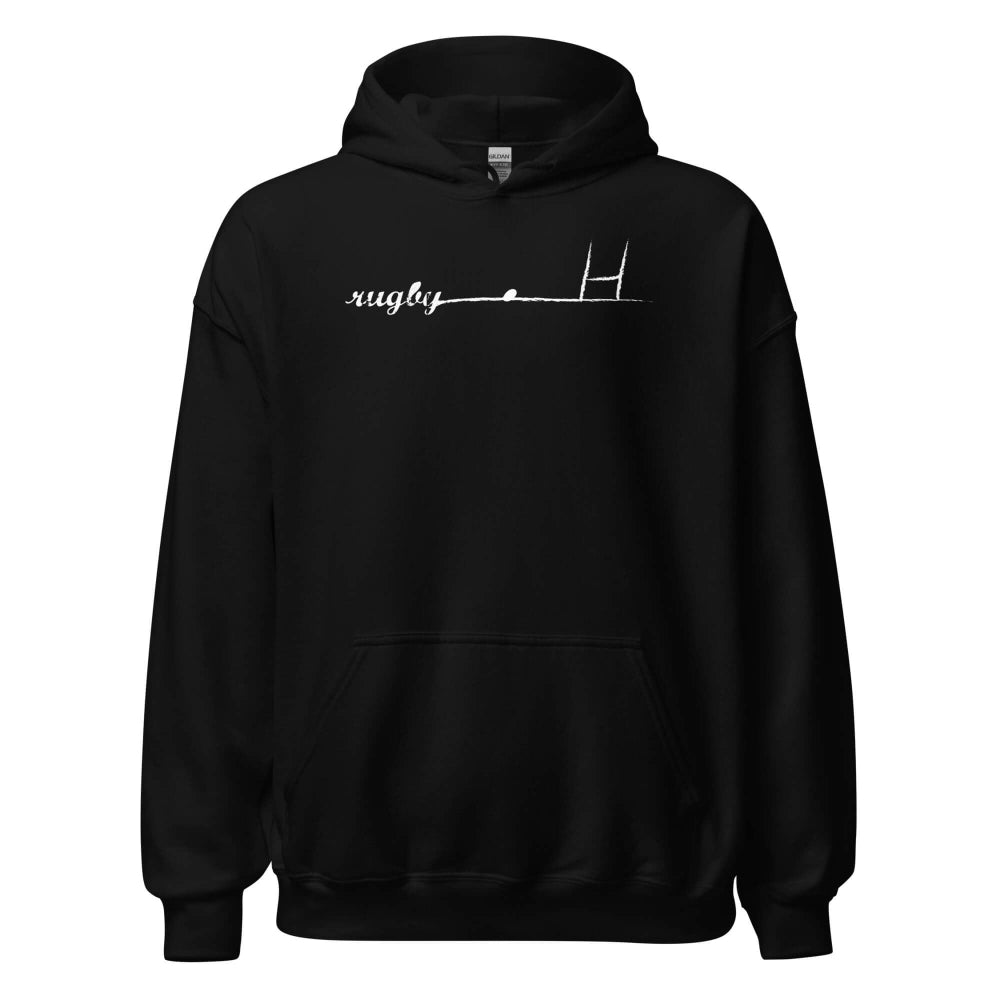 Black women's rugby hoodie with minimalist white goalpost and "rugby" script design, casual rugby apparel. - Rugby Girl