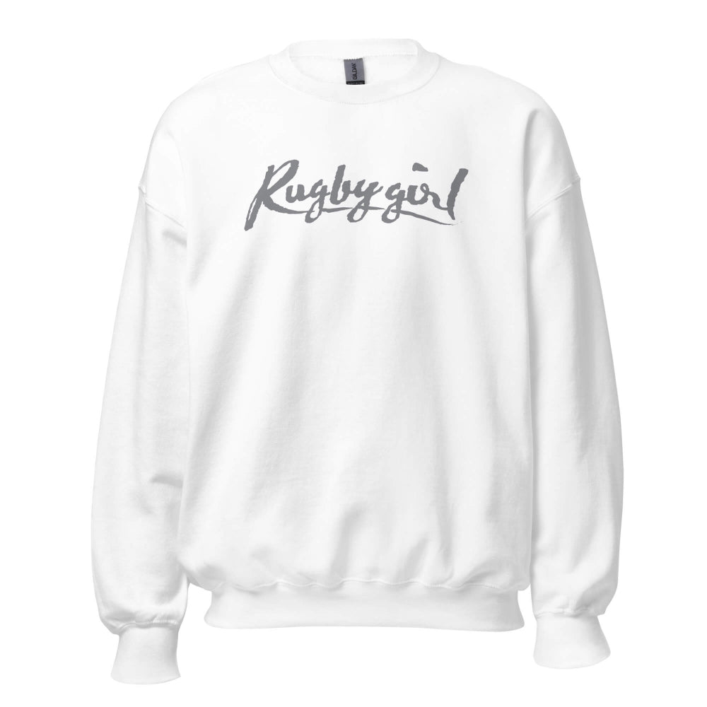 White women's rugby sweatshirt with "Rugby girl" script, casual rugby apparel design. - Rugby Girl