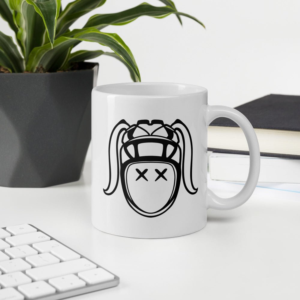 White ceramic mug with bold black rugby helmet and face design, ideal rugby gift for rugby girl fans. - Rugby Girl