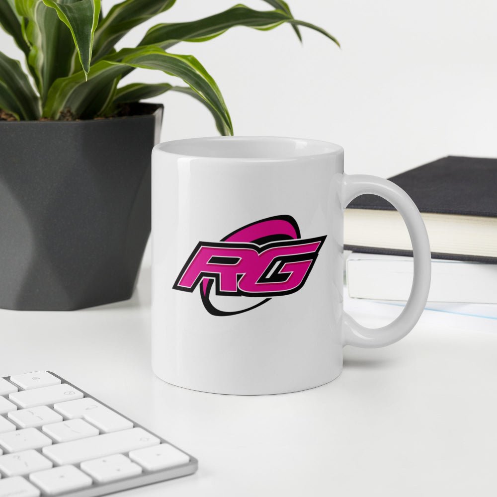 White ceramic mug with bold pink and black RG logo, perfect rugby gift for rugby girls and fans. - Rugby Girl