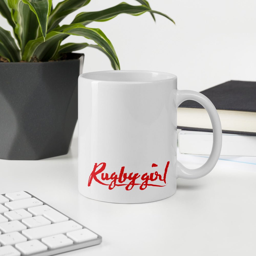 White ceramic mug with bold red "Rugby girl" script, perfect rugby gift for fans and players. - Rugby Girl