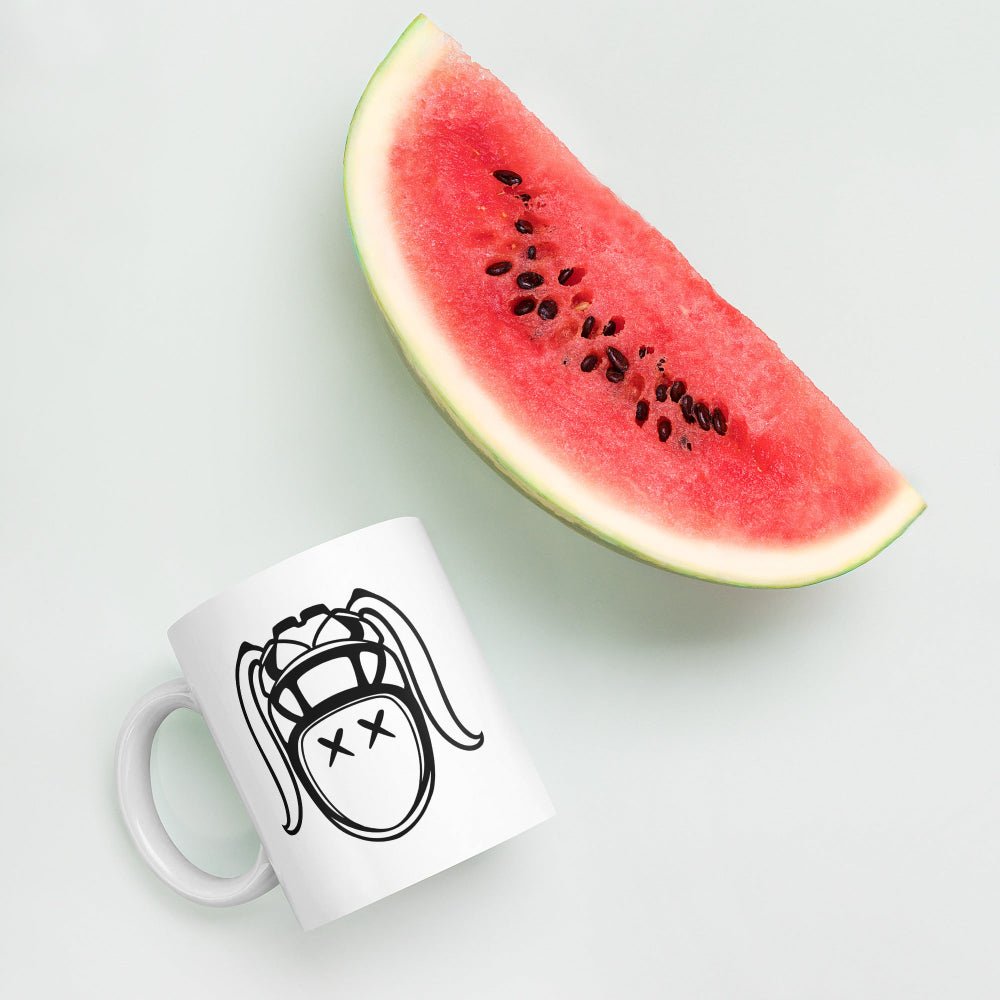 White mug with black line art of a rugby girl wearing a helmet, a creative rugby gift for fans. - Rugby Girl