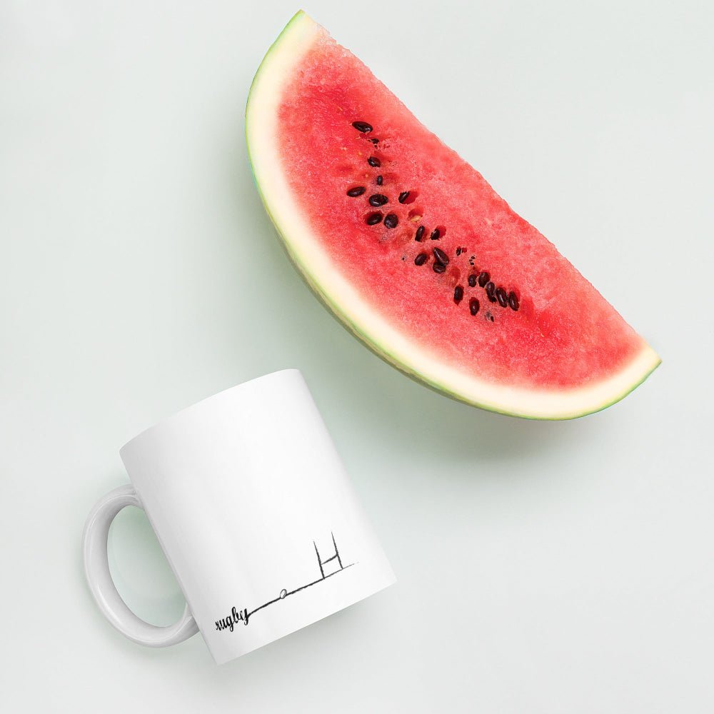 White ceramic mug with minimalist black rugby goalpost design, perfect rugby gift for rugby girl fans. - Rugby Girl