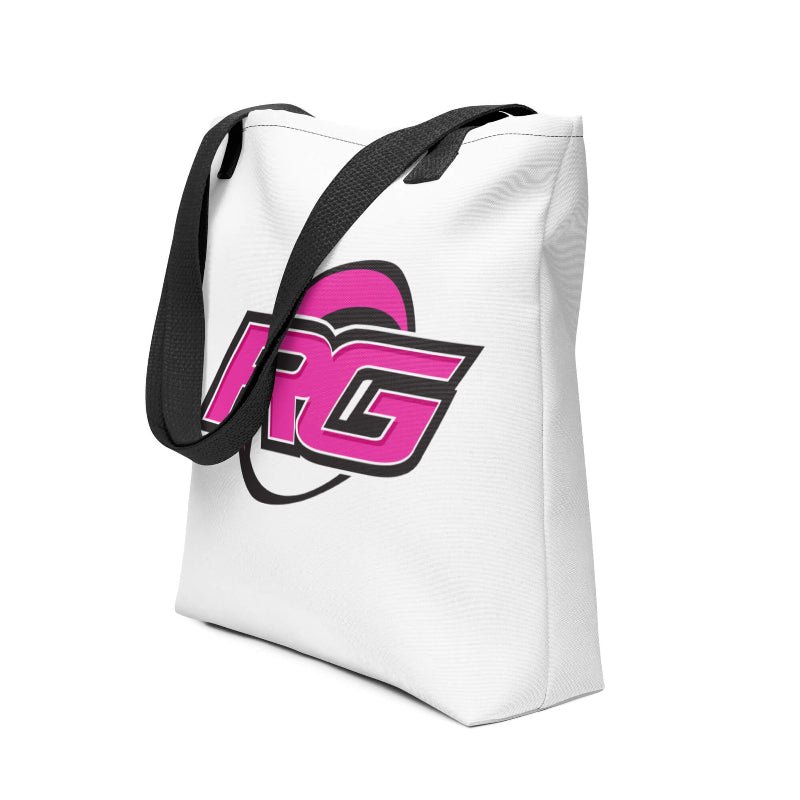 White rugby tote bag with bold pink and black RG logo, stylish accessory for rugby girl fans and women's rugby apparel. - Rugby Girl
