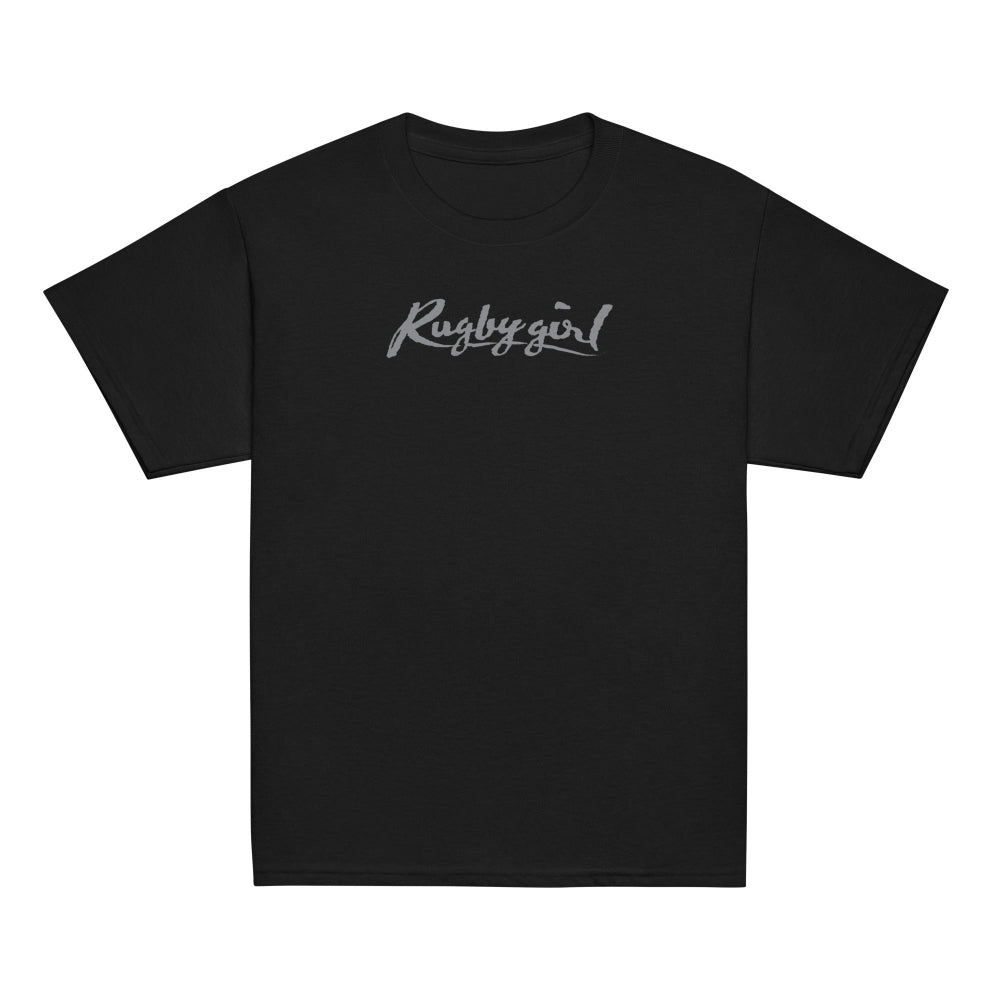Black girl's rugby t-shirt with grey "Rugby girl" script for rugby players and fans. - Rugby Girl