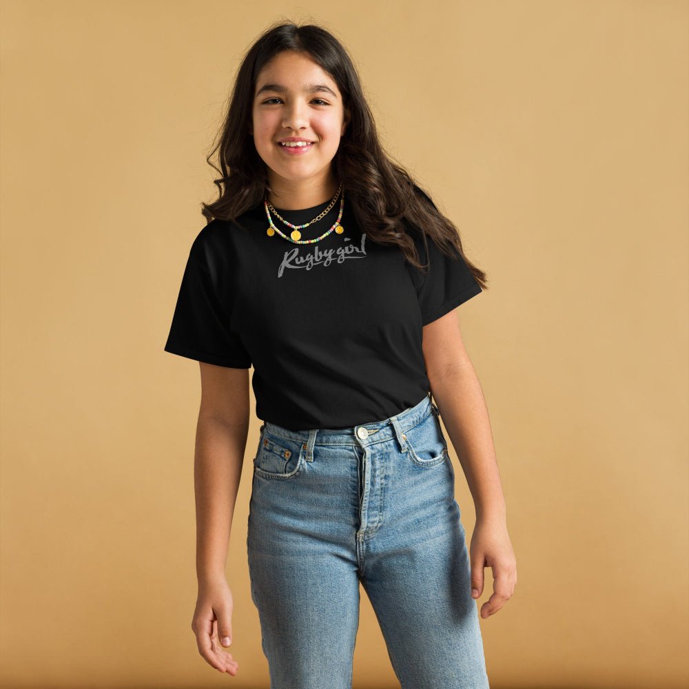 Black girl's rugby t shirt with grey "Rugby girl" script, casual fit, styled for rugby fans and players. - Rugby Girl