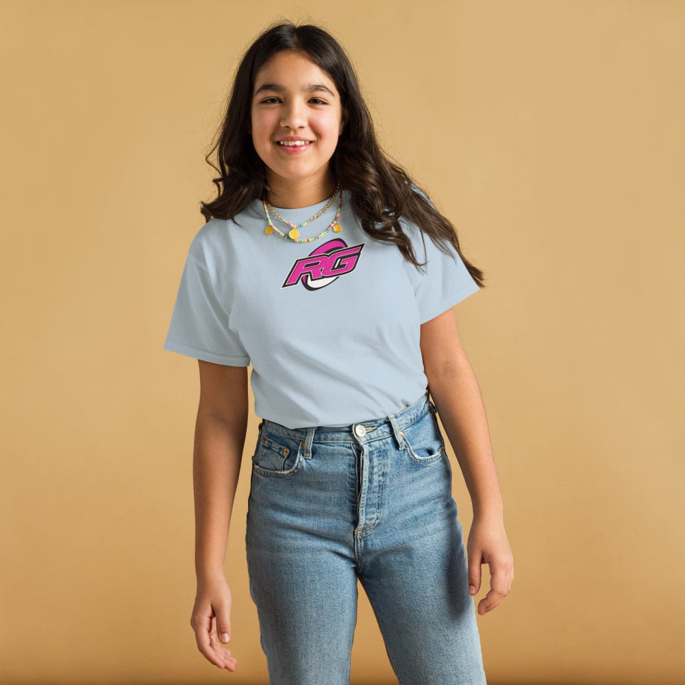 Light blue girl's rugby t-shirt with bold pink RG logo, casual fit for rugby girls and fans. - Rugby Girl