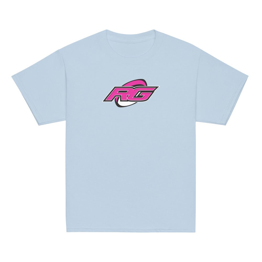 Light blue youth rugby t-shirt with bold pink RG logo, women's rugby apparel for rugby girls and fans. - Rugby Girl