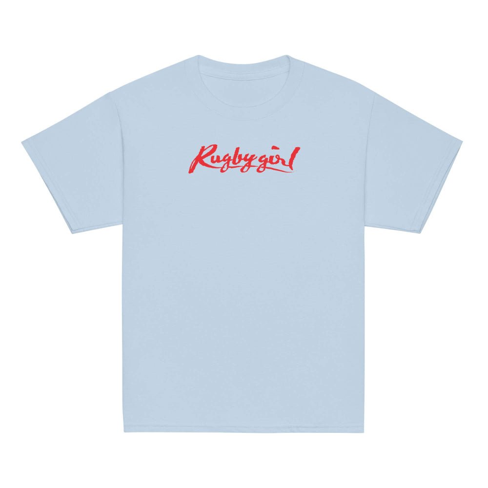 Light blue girl's rugby t-shirt with bold red "Rugby girl" script across the chest. - Rugby Girl