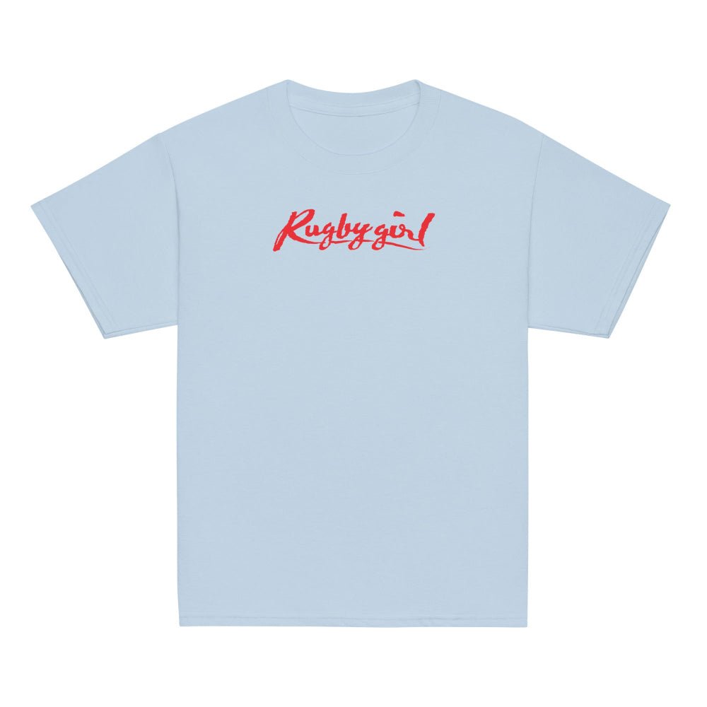 Light blue girl's rugby t-shirt with bold red "Rugby girl" script, casual leisure style. - Rugby Girl