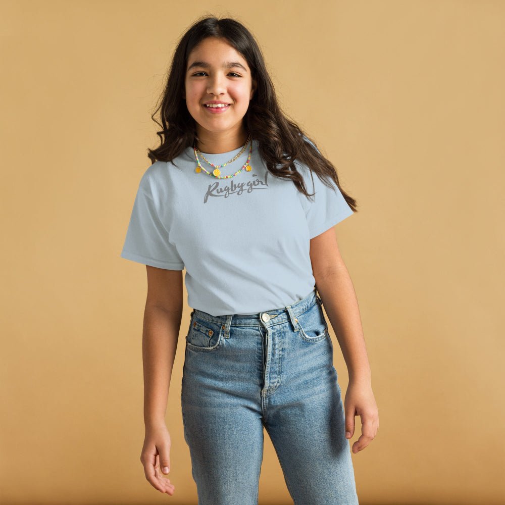 Light blue girl's rugby t-shirt with "Rugby Girl" script, casual fit for rugby fans and players. - Rugby Girl