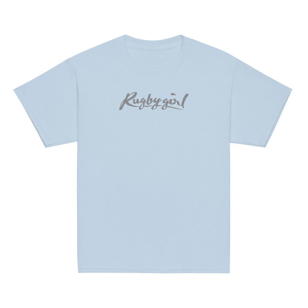 Light blue kids classic tee with grey "Rugby girl" script, women's rugby apparel style. - Rugby Girl