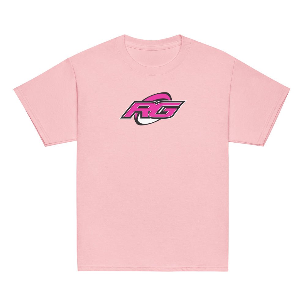 Light pink youth rugby t-shirt with bold RG logo for girl's rugby apparel and rugby girl fans. - Rugby Girl