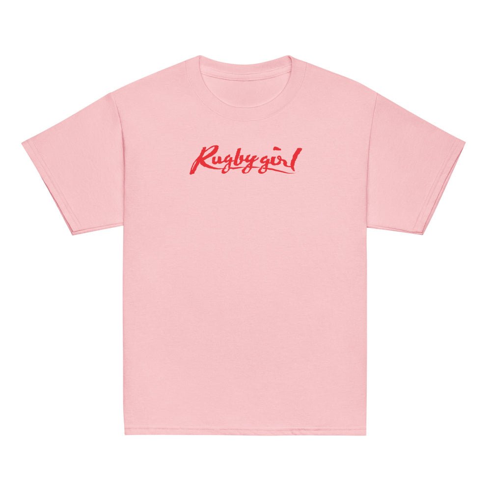 Light pink girl's rugby t-shirt with bold red "Rugby girl" script, casual rugby apparel. - Rugby Girl