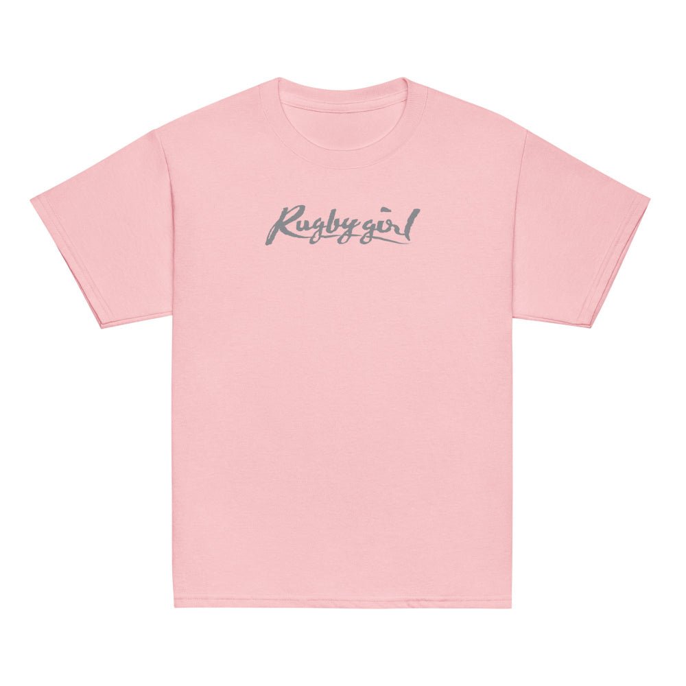 Light pink girl's rugby t-shirt with grey "Rugby girl" script, casual rugby gift style. - Rugby Girl