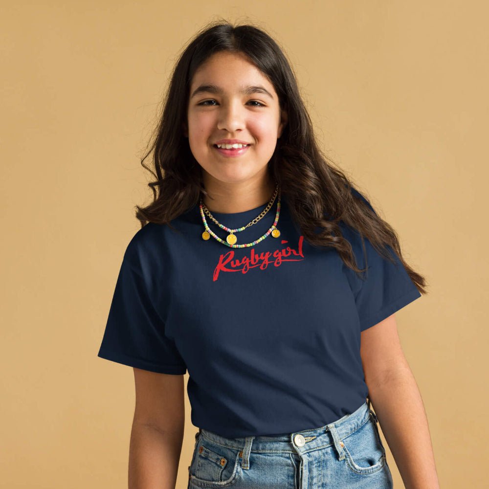 Navy girl's rugby t-shirt with bold red "Rugby Girl" script, casual fit for rugby fans and players. - Rugby Girl