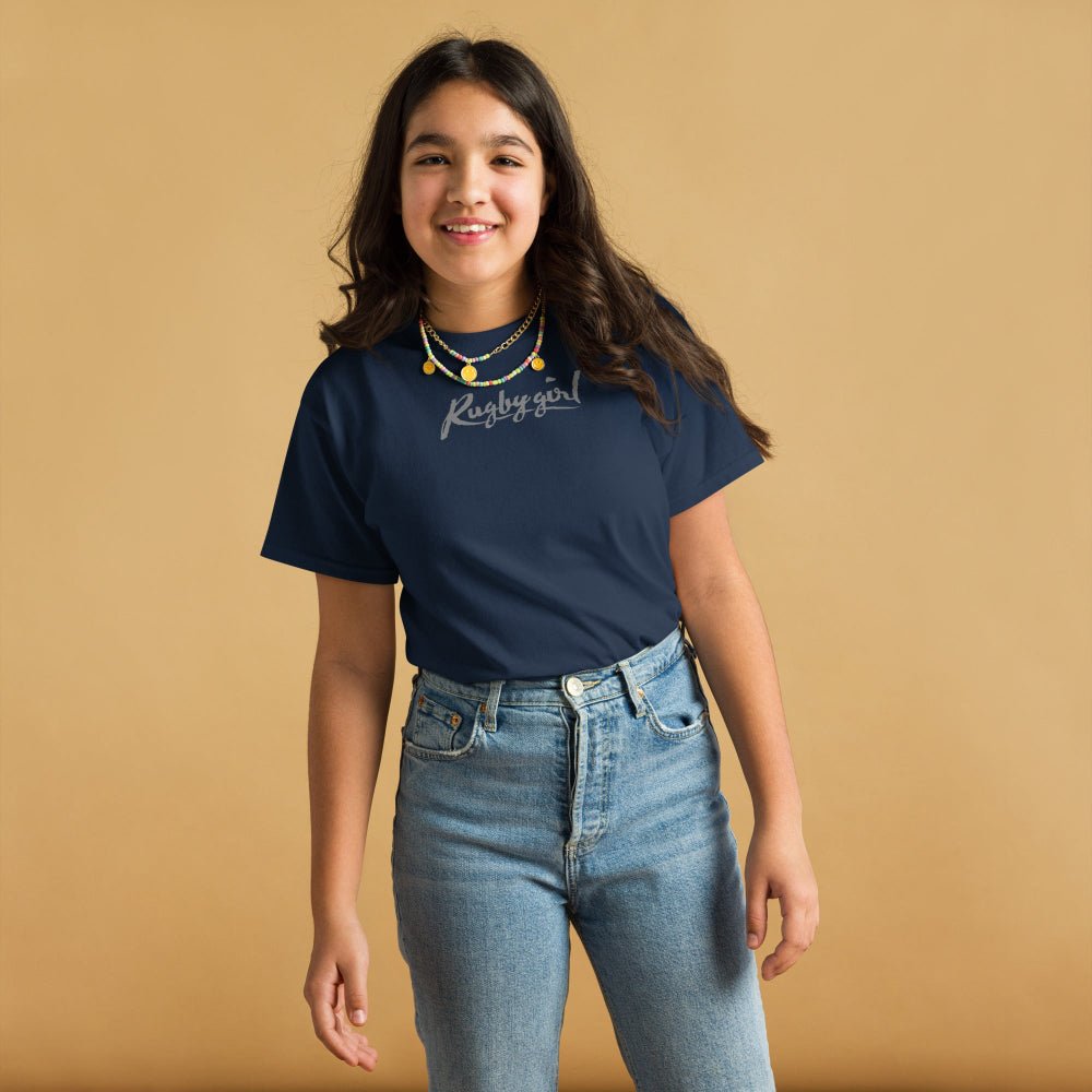 Navy girl's rugby t-shirt with light gray Rugby Girl Signature print, casual fit for rugby fans and players. - Rugby Girl