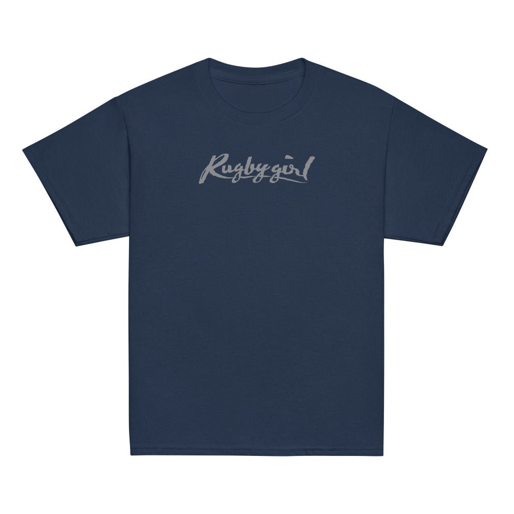 Navy girl's rugby tee shirt with light grey "Rugby girl" script, casual rugby apparel. - Rugby Girl