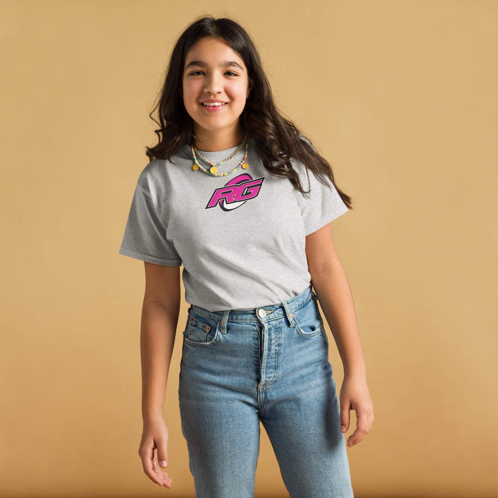 Light grey girl's rugby t-shirt with pink RG Impact logo, casual fit for rugby girls. - Rugby Girl