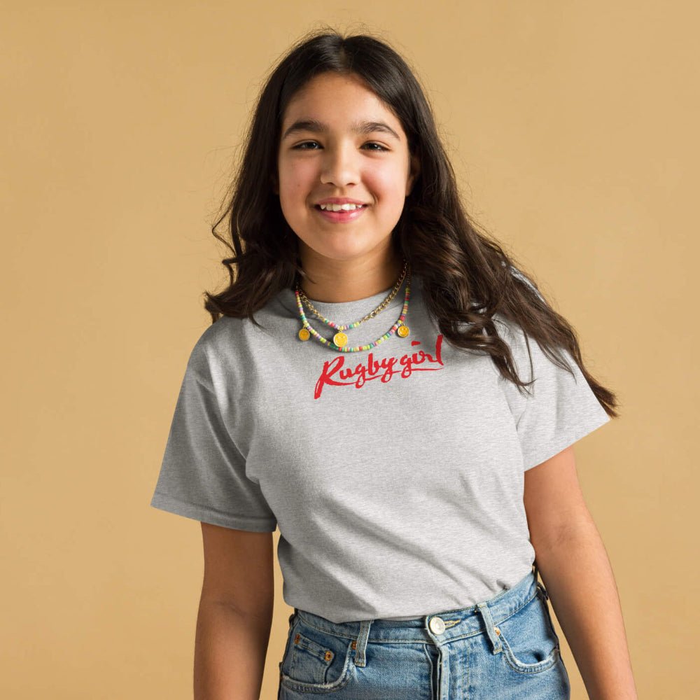 Grey girl's rugby t-shirt with bold red "Rugby Girl" script, casual fit. - Rugby Girl