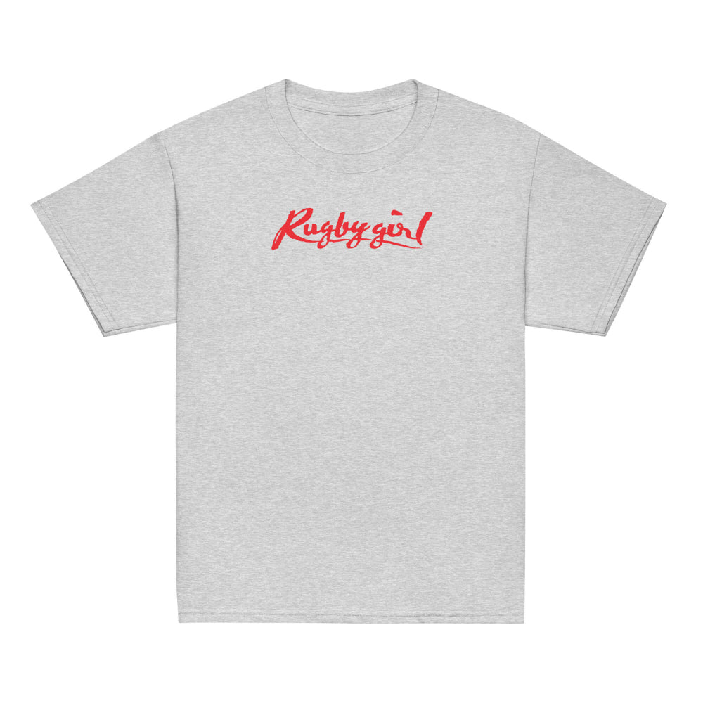 Grey girl's rugby tee shirt with bold red "Rugby girl" script, casual rugby apparel. - Rugby Girl