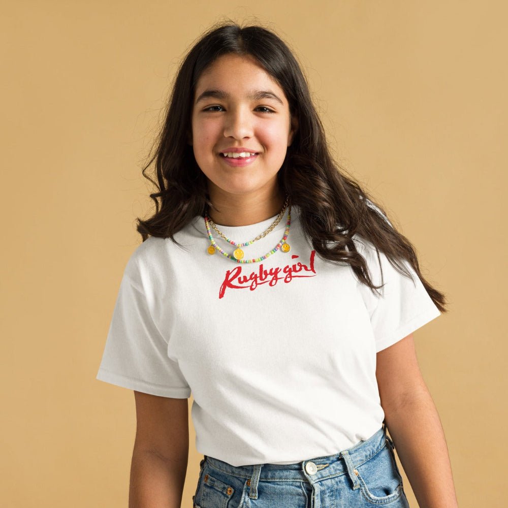 Girl's white rugby t-shirt with bold red Rugby Girl signature print, casual fit. - Rugby Girl