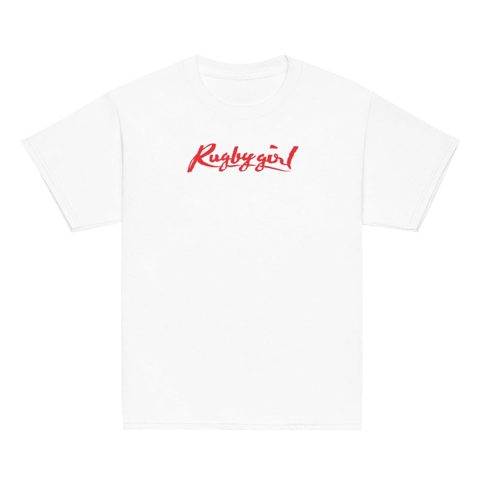Young girl's white rugby t-shirt with bold red "Rugby Girl" script, casual rugby apparel style. - Rugby Girl