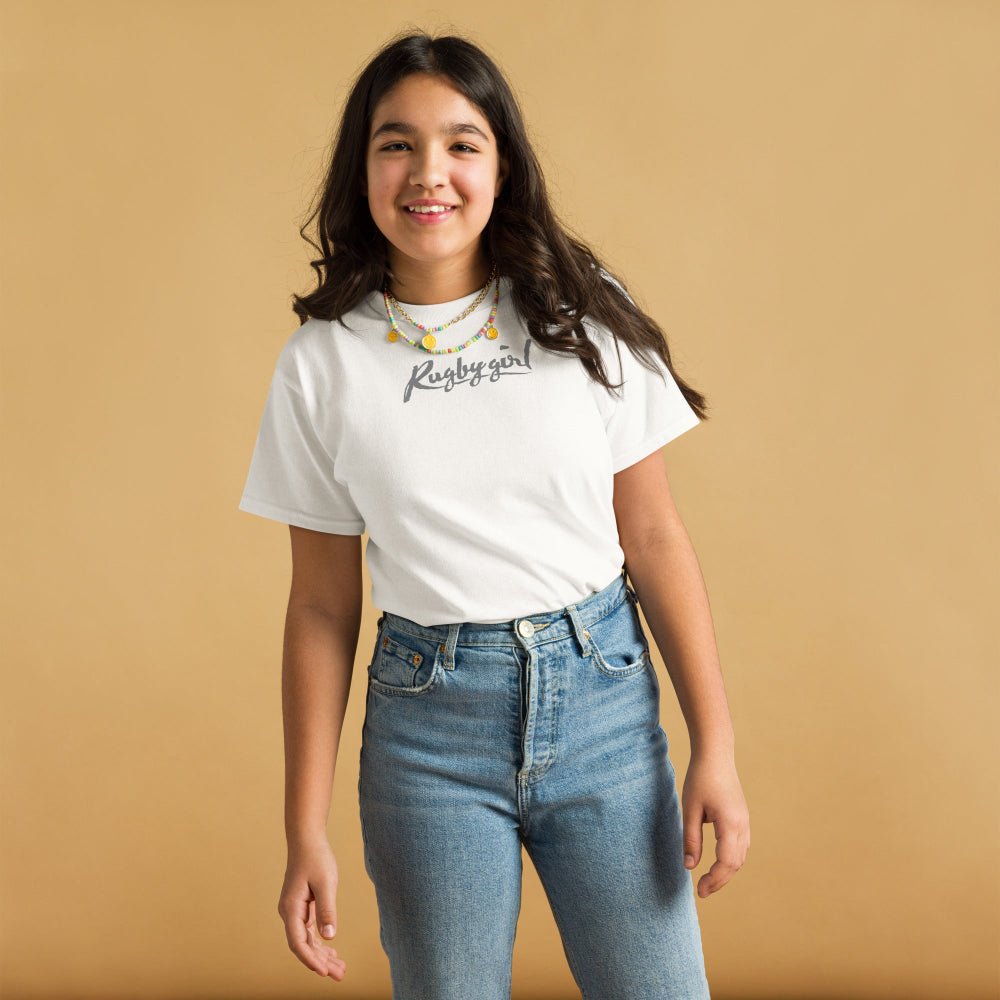White girl's rugby t-shirt with "Rugby Girl" grey script, casual fit for rugby fans and players. - Rugby Girl