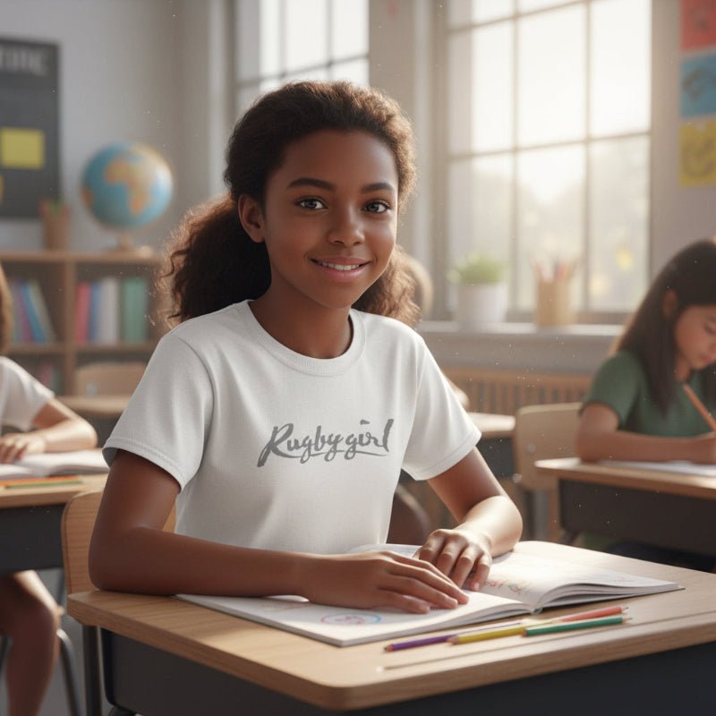White kids rugby t-shirt with "Rugby girl" script, casual women's rugby apparel for fans and players. - Rugby Girl