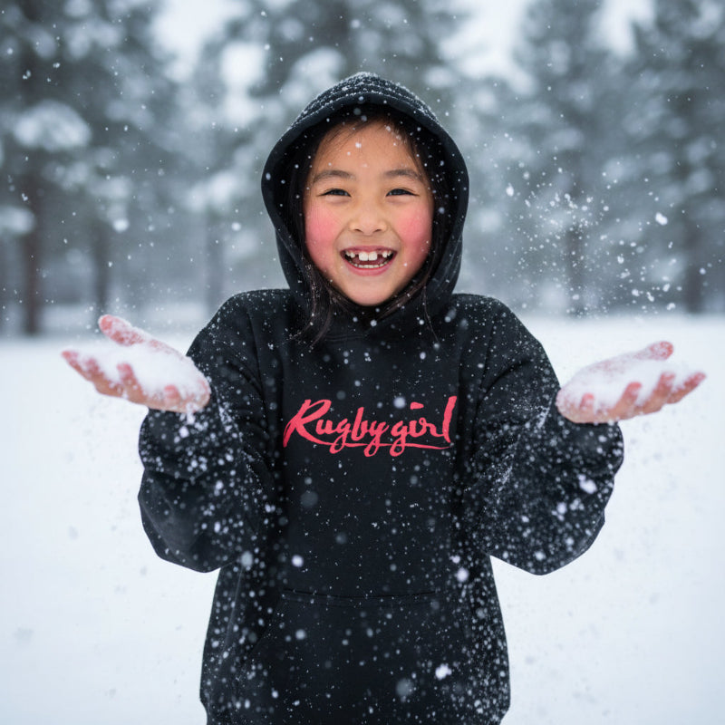 Black girl's rugby hoodie with bright red "Rugby Girl" script, cozy winter style. - Rugby Girl