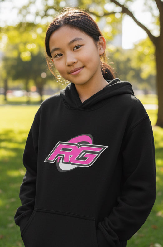 Black girl's rugby hoodie with pink and white RG logo, cozy fit for rugby girls and fans. - Rugby Girl