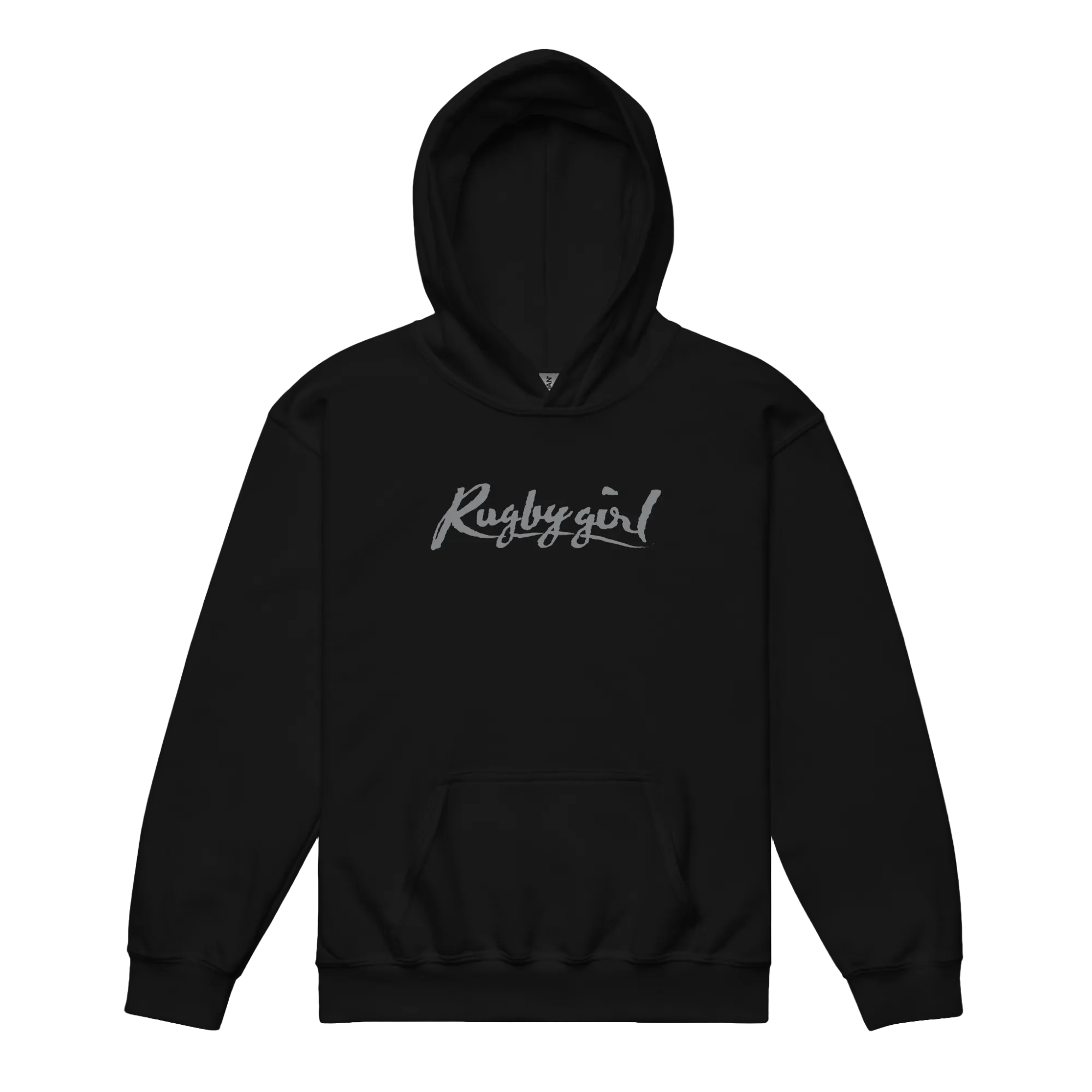 Rugby Girl Signature Kids Heavy Blend Hoodie in black, front view - youth rugby hoodie for girls