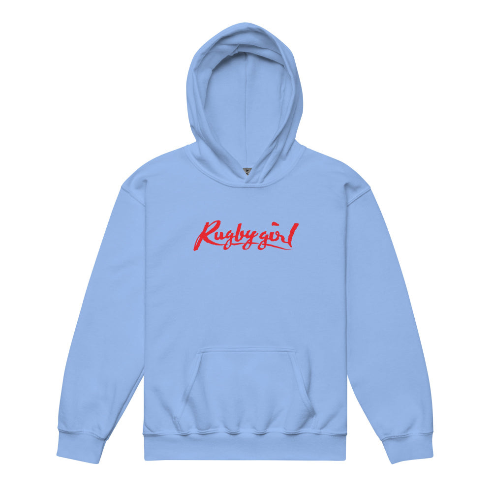 Light blue youth rugby hoodie with bold red "Rugby girl" script, kangaroo pocket, and relaxed fit. - Rugby Girl