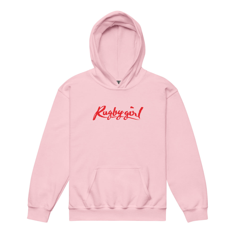 Light pink heavy blend girl's rugby hoodie with bold red "Rugby girl" script, front kangaroo pocket. - Rugby Girl