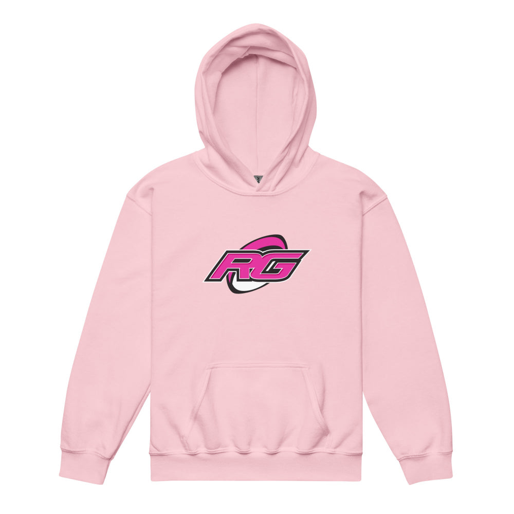 Light pink girl's rugby hoodie with bold RG logo on front, casual rugby apparel for rugby girls and fans. - Rugby Girl