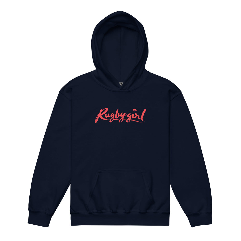 Navy girl's rugby hoodie with bold red "Rugby girl" script, casual rugby apparel for fans and players. - Rugby Girl