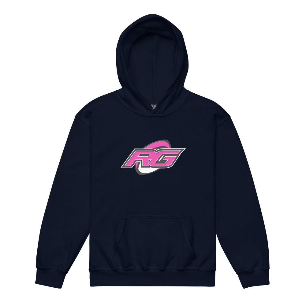 Navy girl's rugby hoodie with bold pink and white RG logo, perfect rugby gift and leisure wear. - Rugby Girl