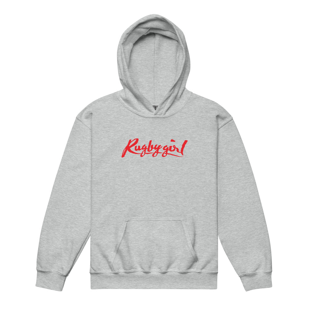 Light grey girl's rugby hoodie with bold red "Rugby girl" script, cozy and sporty design. - Rugby Girl