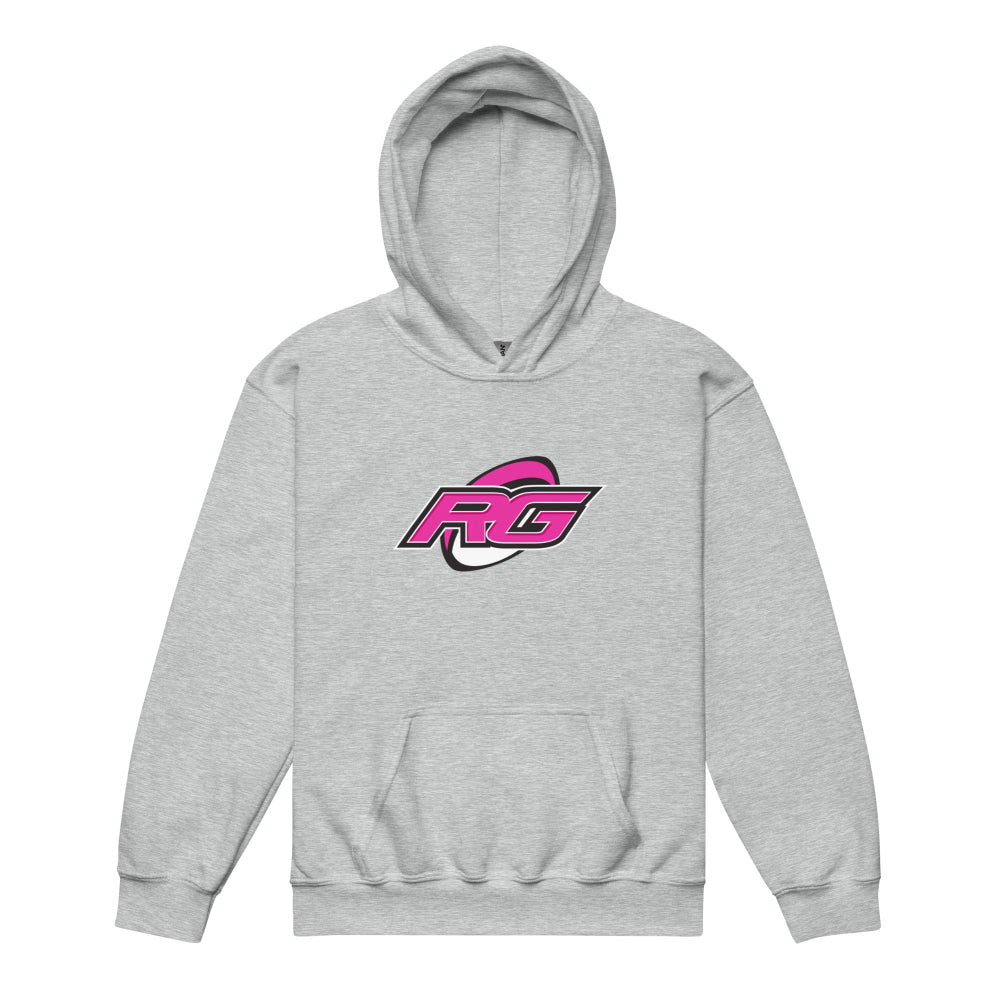 Grey girl's rugby hoodie with bold pink and black RG logo, cozy heavy blend fabric. - Rugby Girl