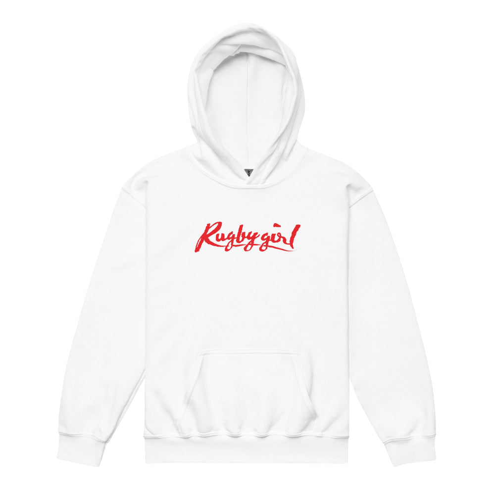 White girl's rugby hoodie with bold red "Rugby Girl" script, cozy leisurewear rugby apparel. - Rugby Girl